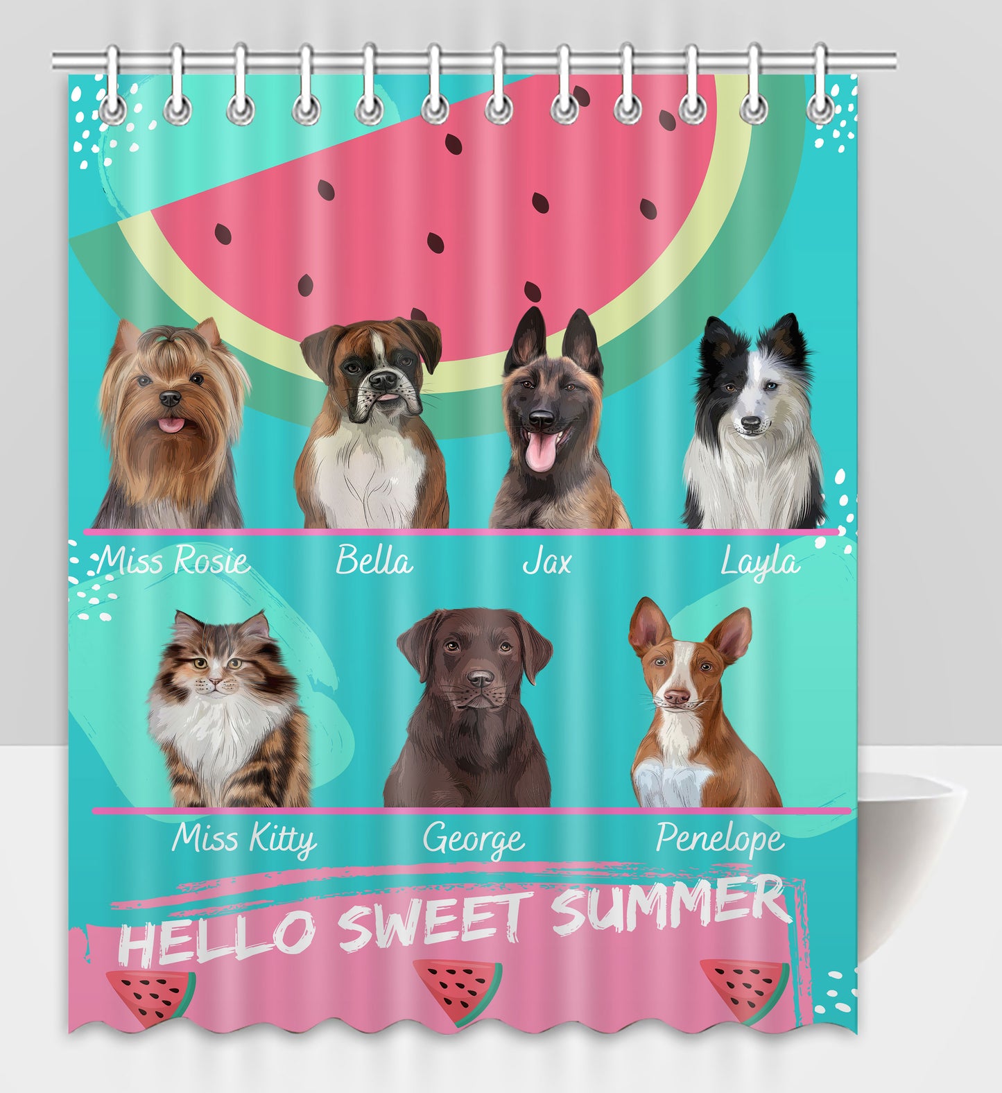 Personalized Hello Sweet Summer Watermelon Dog Cat Pets Shower Curtain 1 to 10 Pets