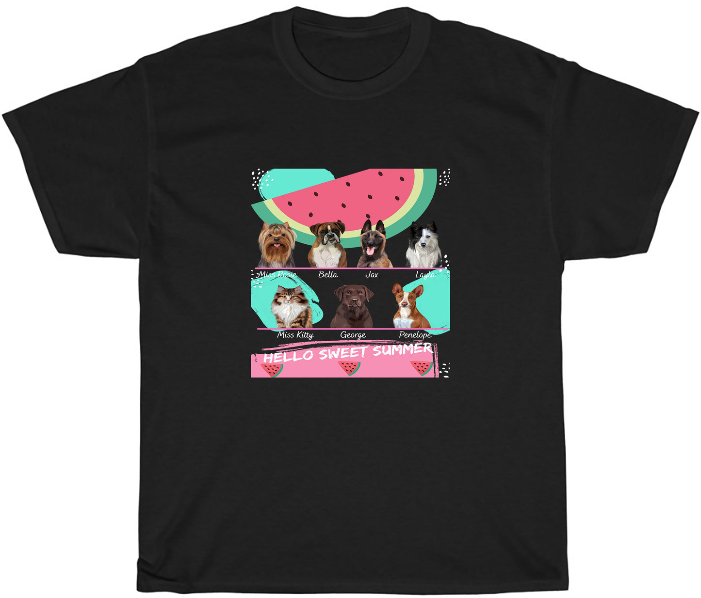 Personalized Hello Sweet Summer Watermelon Dog Cat Pets T-Shirt 1 to 10 Pets
