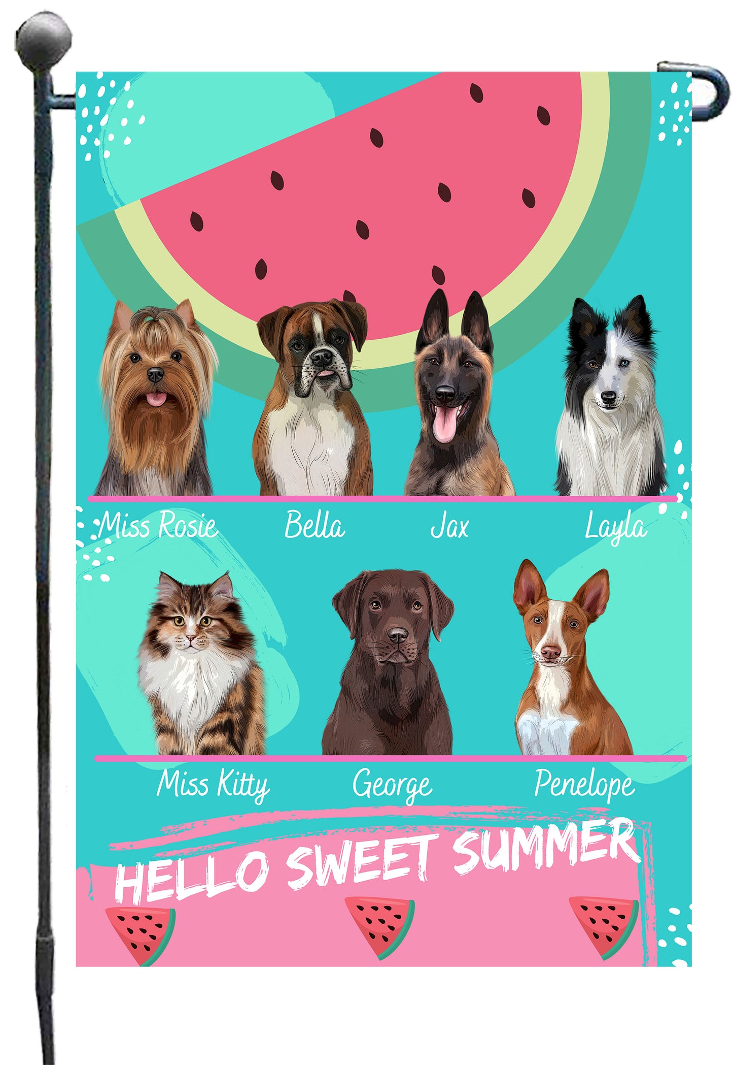 Personalized Hello Sweet Summer Watermelon Dog Cat Pets Garden Flag 1 to 10 Pets