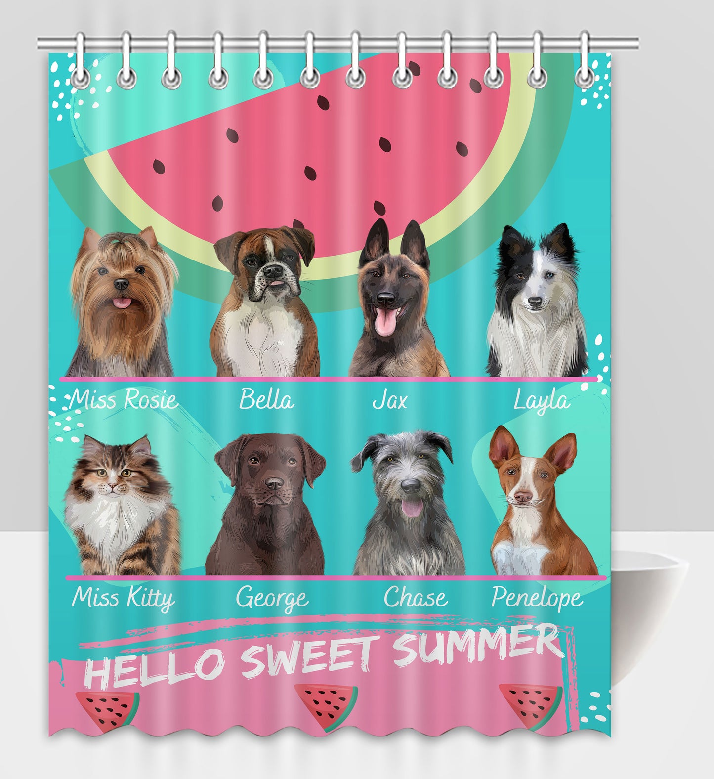 Personalized Hello Sweet Summer Watermelon Dog Cat Pets Shower Curtain 1 to 10 Pets
