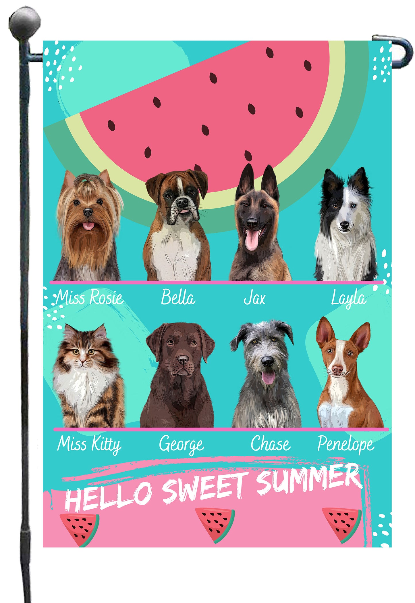 Personalized Hello Sweet Summer Watermelon Dog Cat Pets Garden Flag 1 to 10 Pets