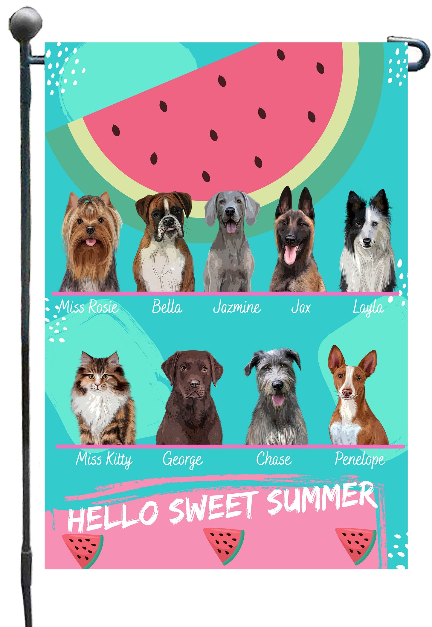 Personalized Hello Sweet Summer Watermelon Dog Cat Pets Garden Flag 1 to 10 Pets