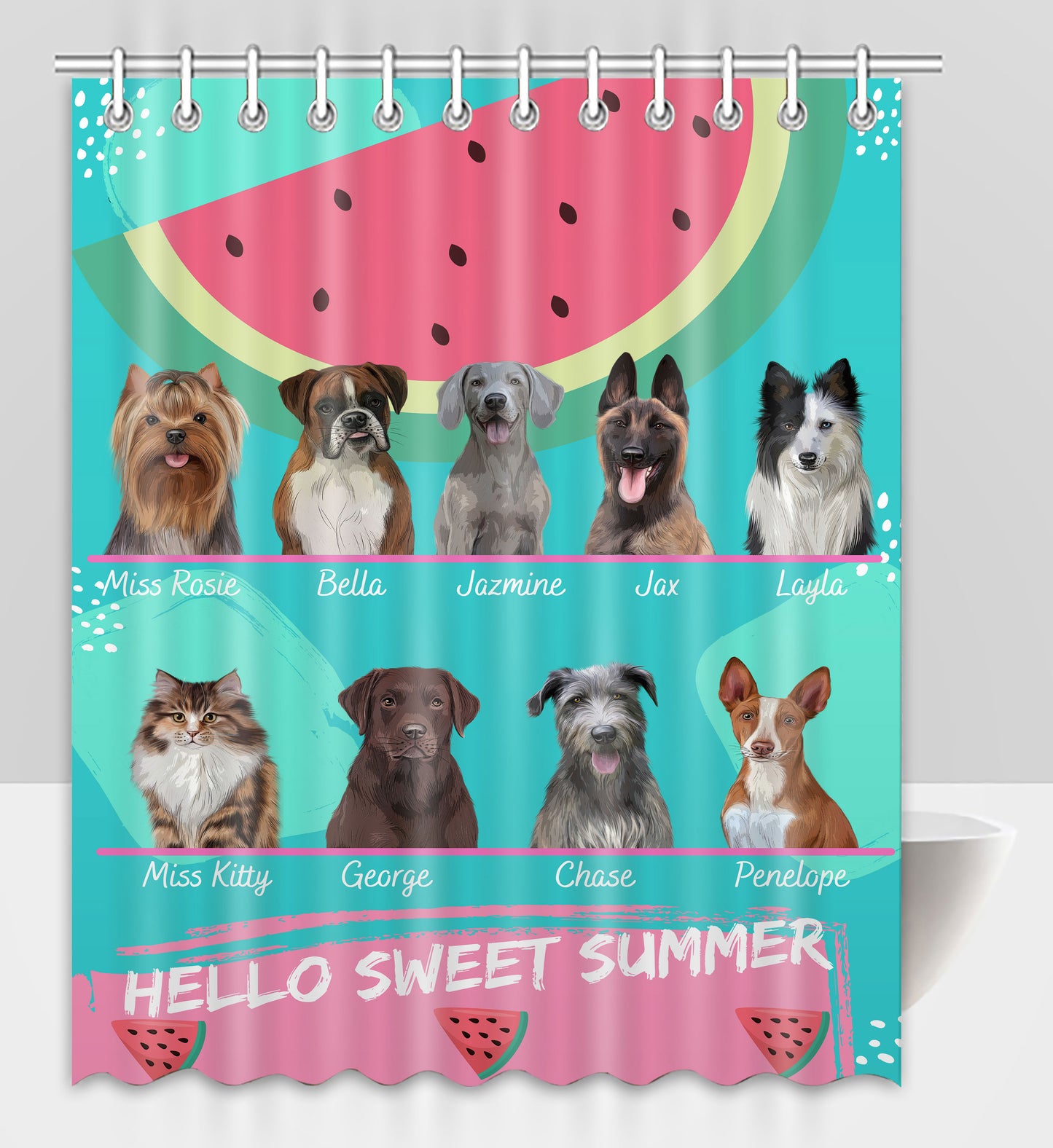 Personalized Hello Sweet Summer Watermelon Dog Cat Pets Shower Curtain 1 to 10 Pets