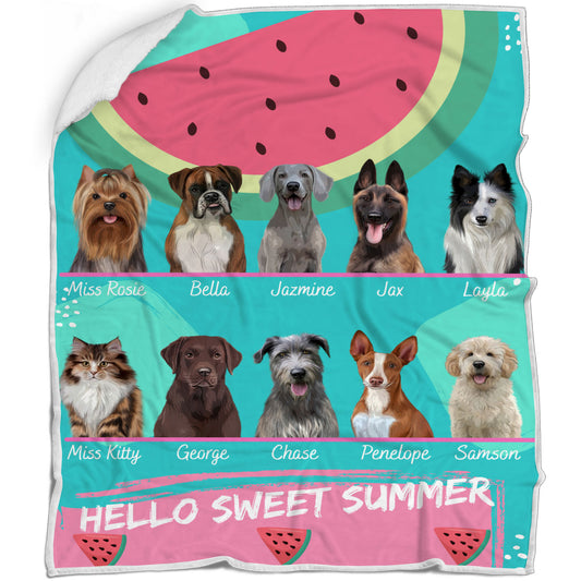 Personalized Hello Sweet Summer Watermelon Dog Cat Pets Blanket 1 to 10 Pets