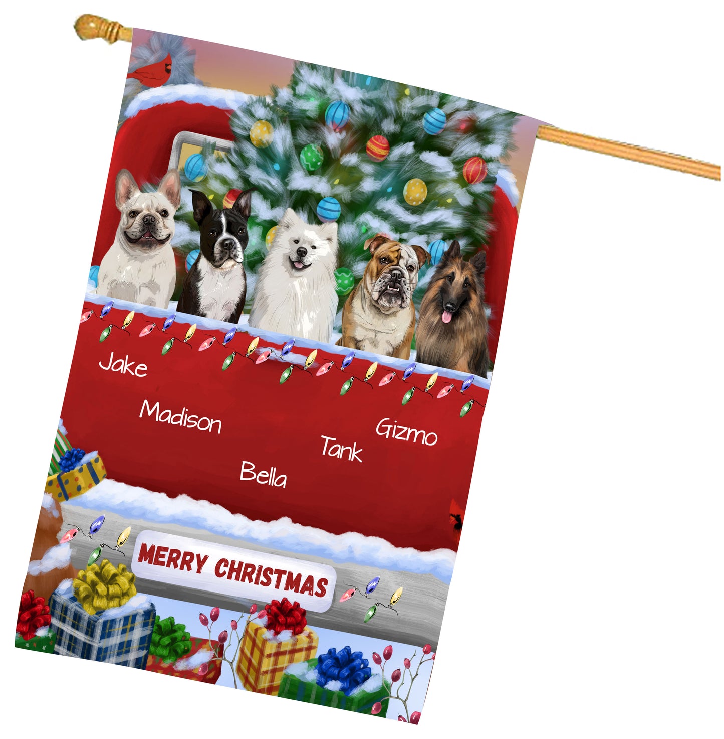 Personalized Merry Christmas Red Truck 1 Dog Cat Pets House Flag 1 to 5 Pets