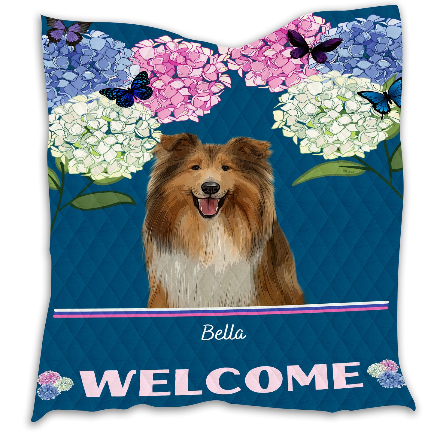 Personalized Hydrangea Floral Butterflies Dog Cat Pets Quilt 1 to 10 Pets