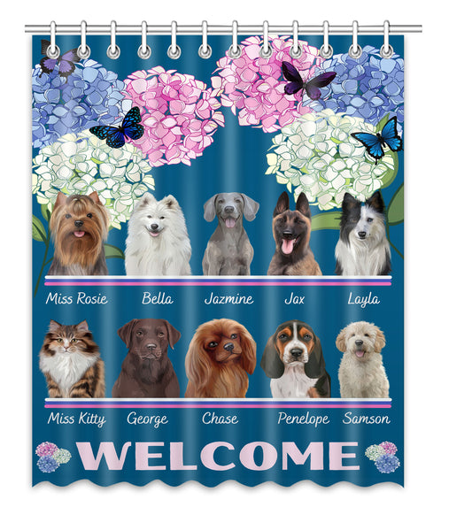 Personalized Hydrangea Floral Butterflies Dog Cat Pets Shower Curtain 1-10 Pets