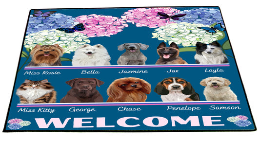 Personalized Hydrangea Floral Butterflies Dog Cat Pets Floormat 1 to 10 Pets