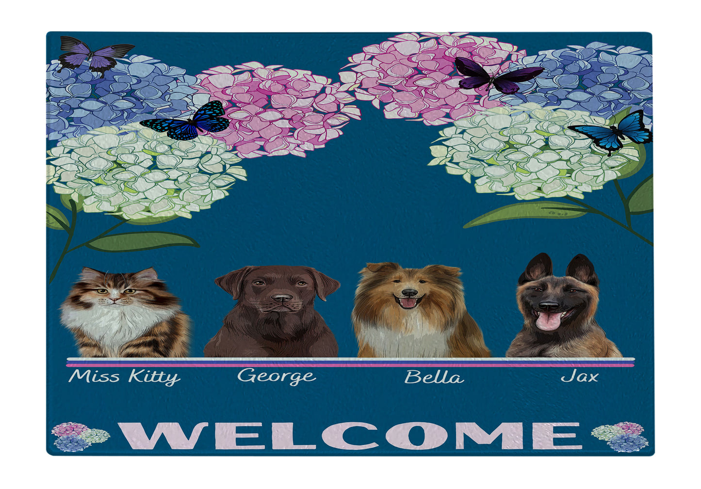 Personalized Hydrangea Floral Butterflies Dog Cat Pets Cutting Board 1 to 10 Pets