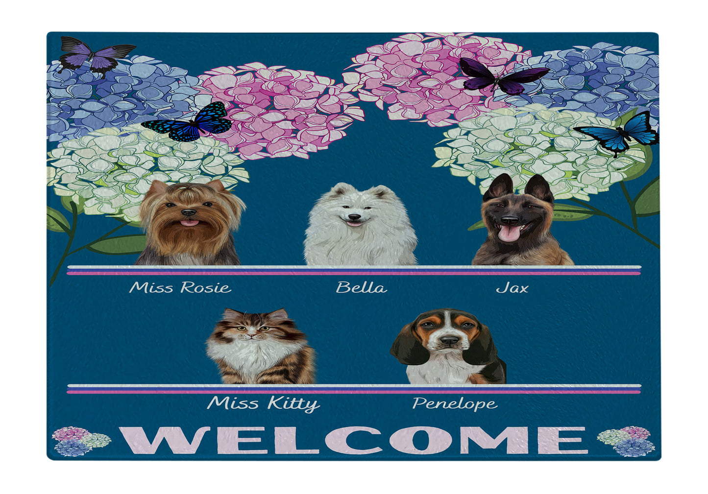 Personalized Hydrangea Floral Butterflies Dog Cat Pets Cutting Board 1 to 10 Pets