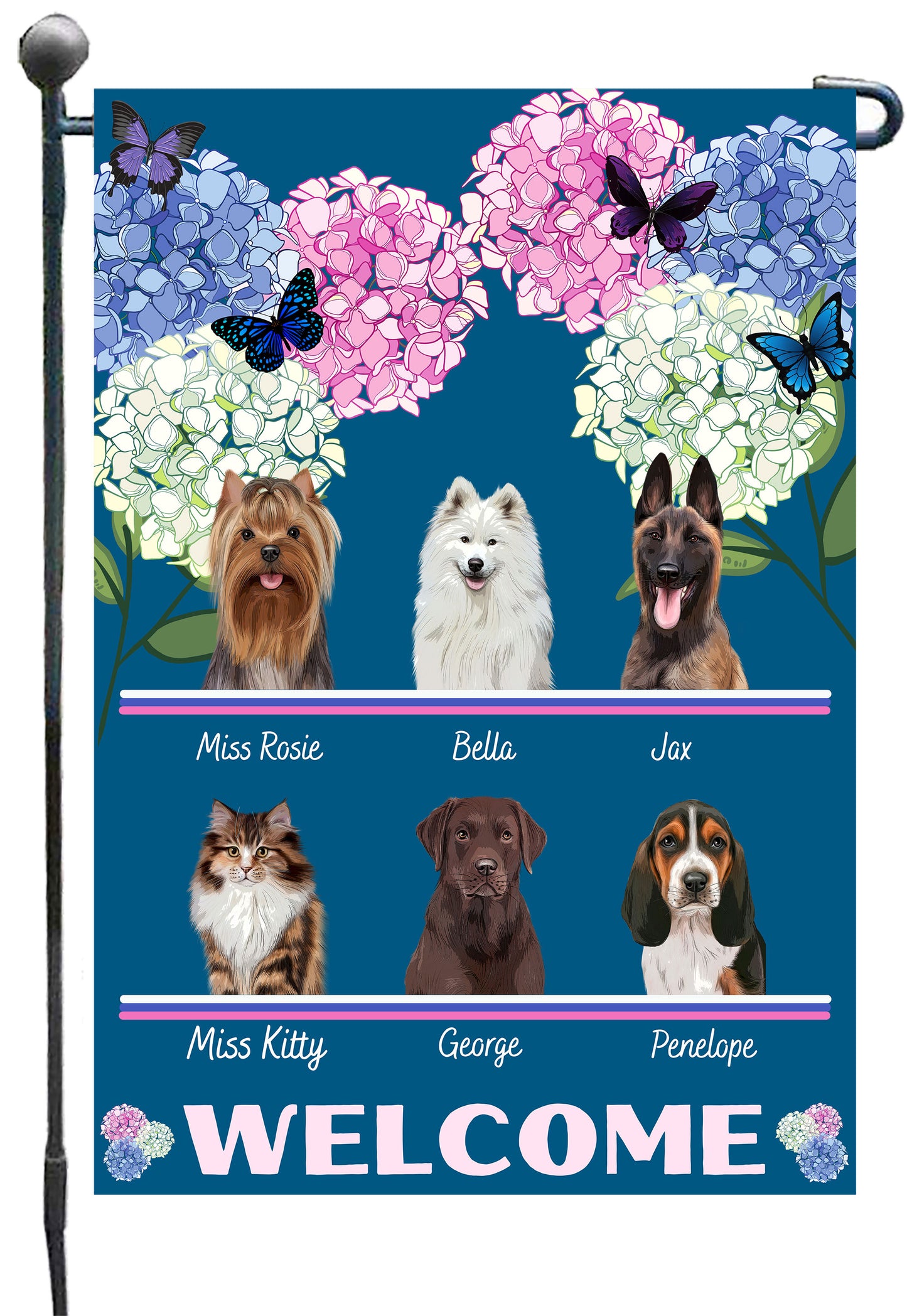 Personalized Hydrangea Floral Butterflies Dog Cat Pets Garden Flag 1 to 10 Pets