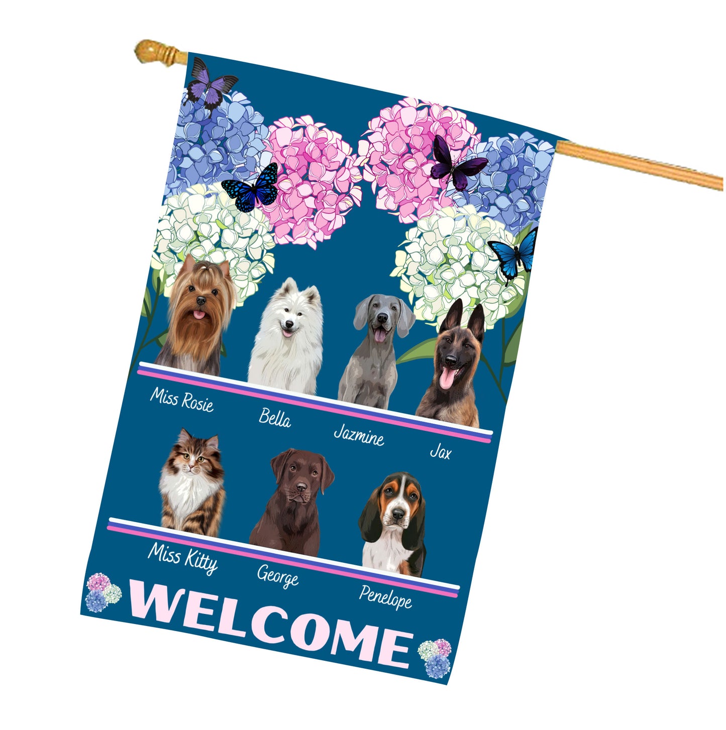 Personalized Hydrangea Floral Butterflies Dog Cat Pets House Flag 1 to 10 Pets