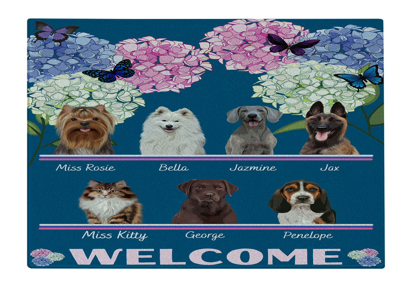 Personalized Hydrangea Floral Butterflies Dog Cat Pets Cutting Board 1 to 10 Pets