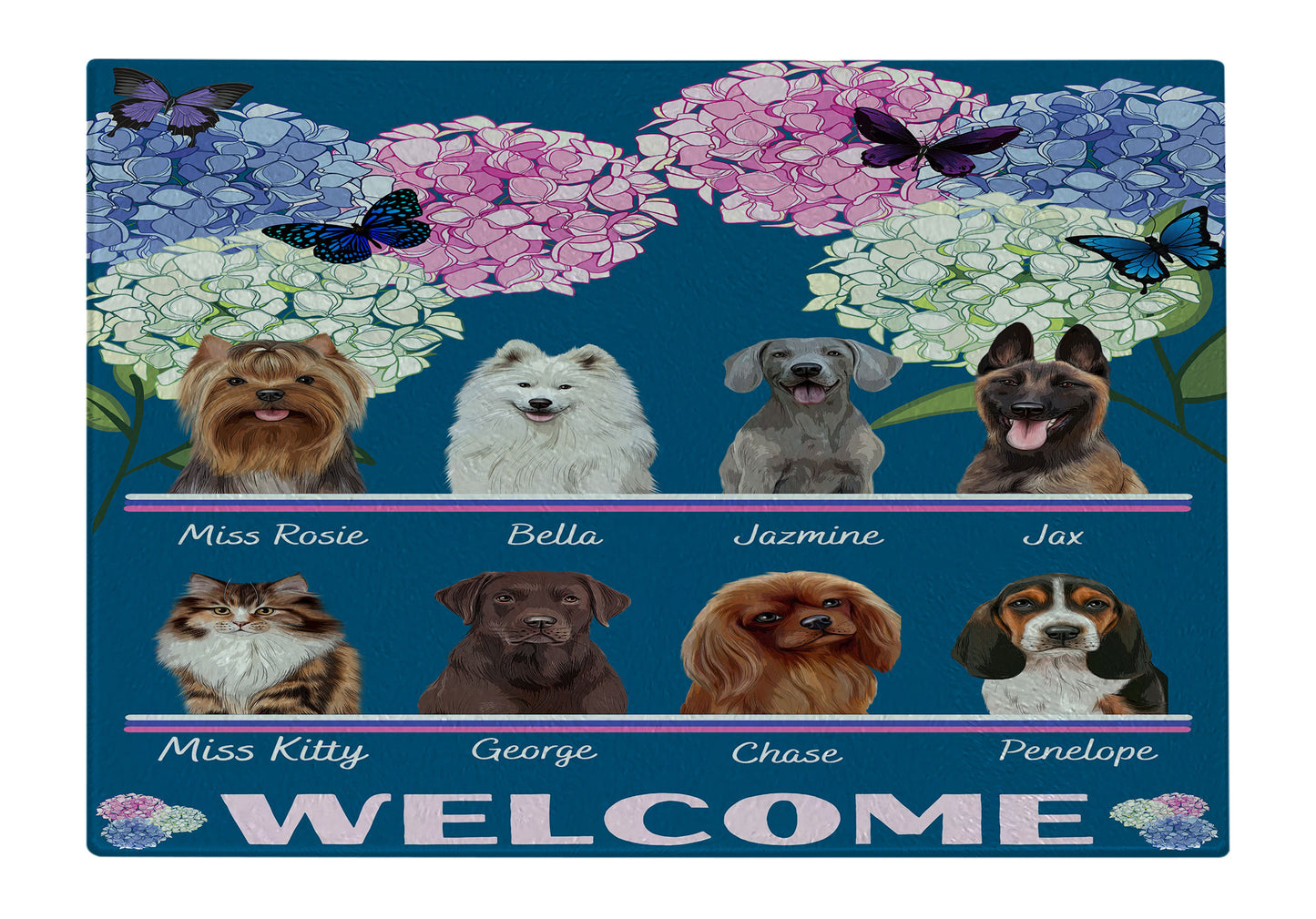 Personalized Hydrangea Floral Butterflies Dog Cat Pets Cutting Board 1 to 10 Pets