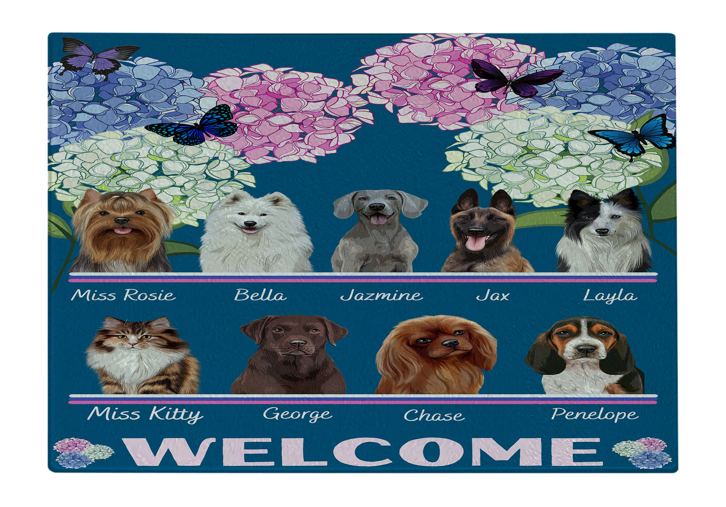 Personalized Hydrangea Floral Butterflies Dog Cat Pets Cutting Board 1 to 10 Pets