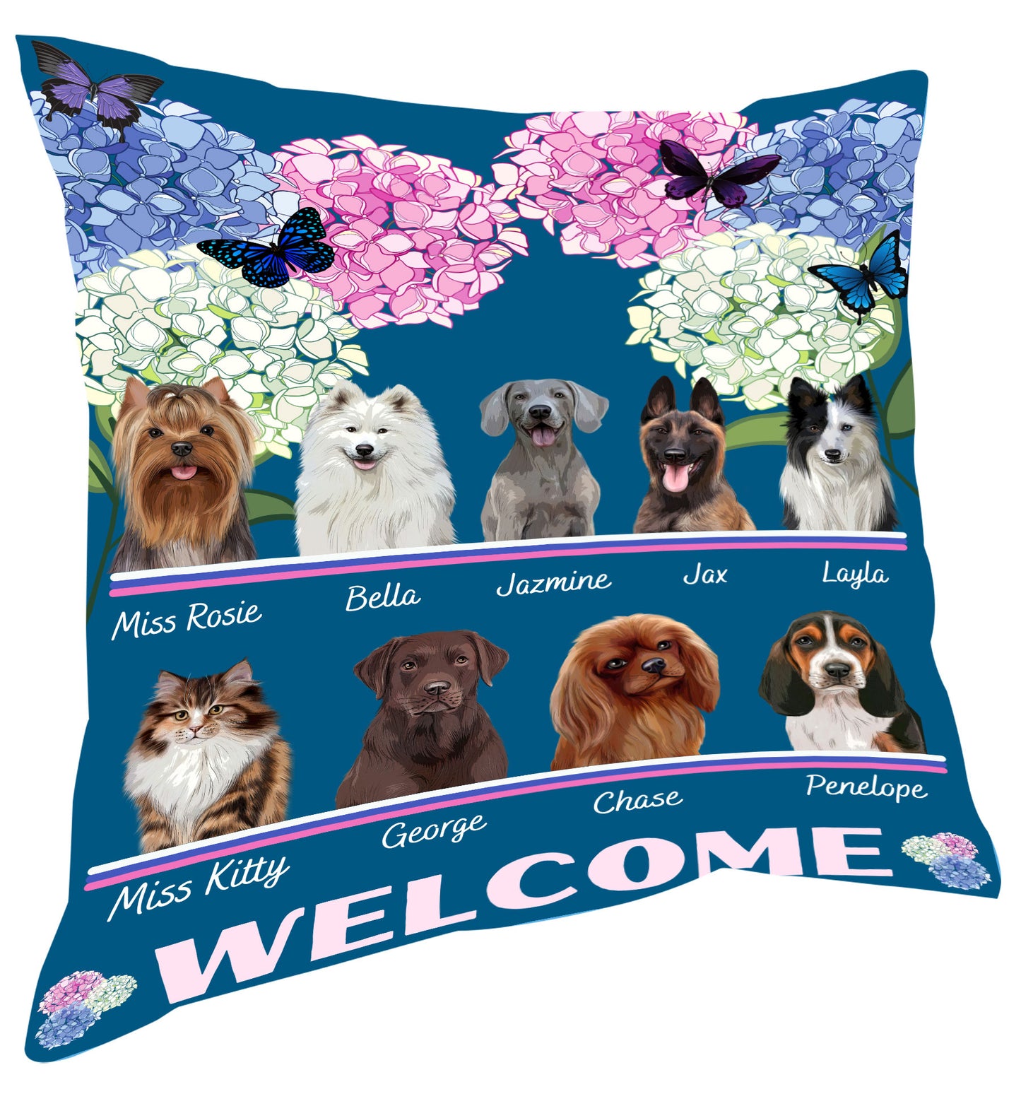 Personalized Hydrangea Floral Butterflies Dog Cat Pets Pillow 1-10 Pets