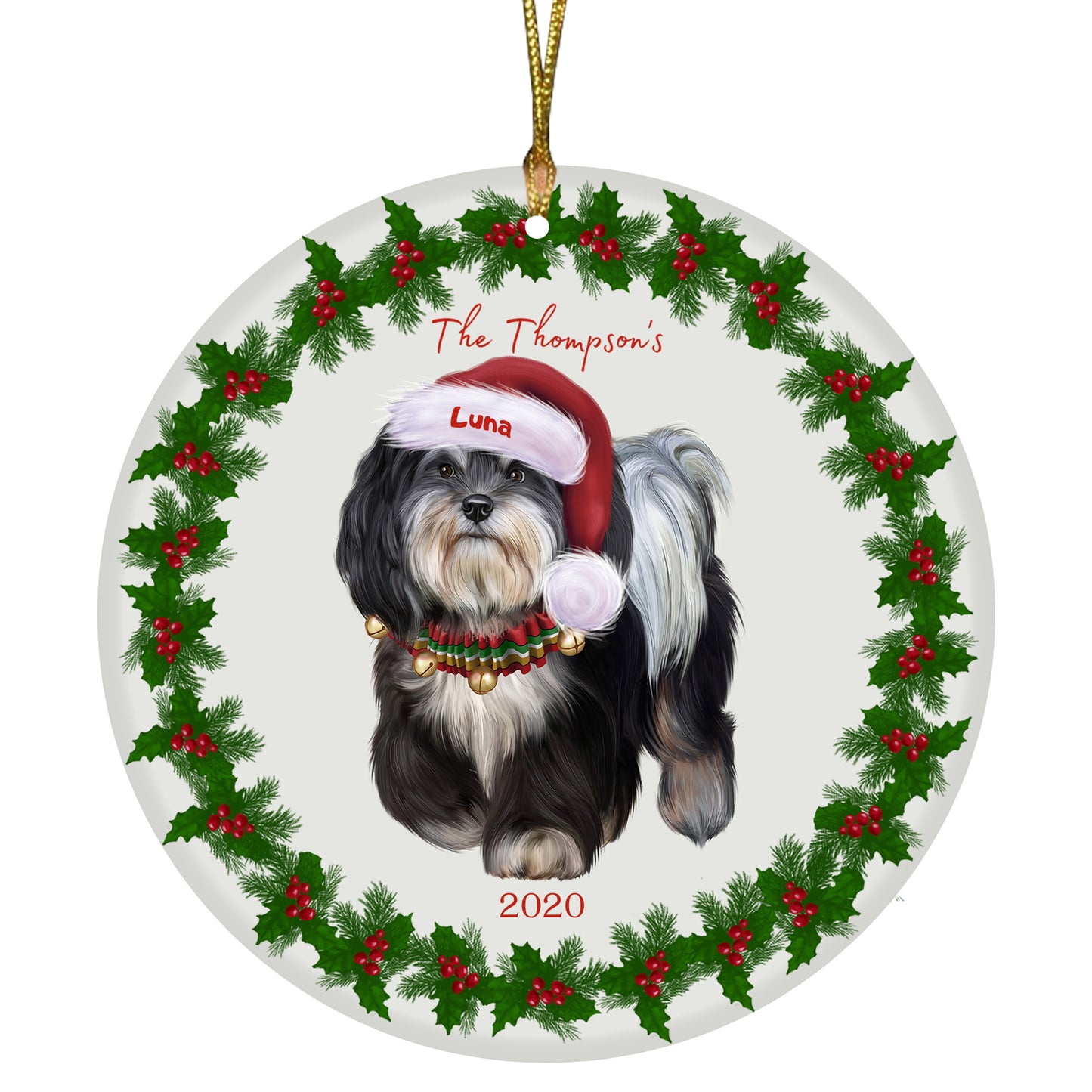Personalized Holly Berry Trimming Havanese Dog Ceramic Round Flat Christmas Tree Ornament RFPOR48294
