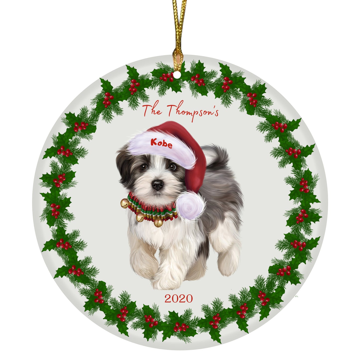 Personalized Holly Berry Trimming Havanese Dog Ceramic Round Flat Christmas Tree Ornament RFPOR48295