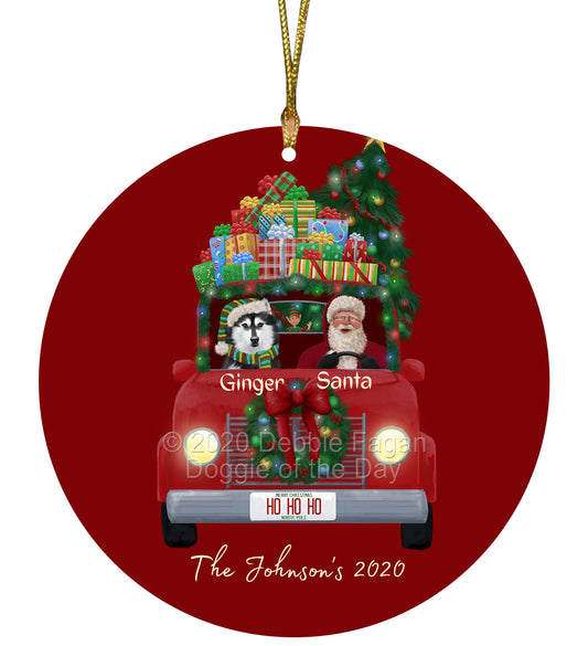Personalized Red truck Santa with Siberian Husky Dog Ceramic Round Flat Christmas Tree Ornament RFPOR48046