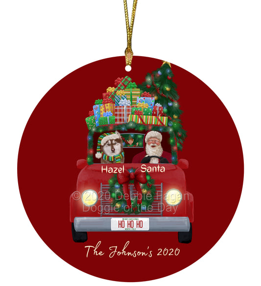 Personalized Red truck Santa with Siberian Husky Dog Ceramic Round Flat Christmas Tree Ornament RFPOR48047