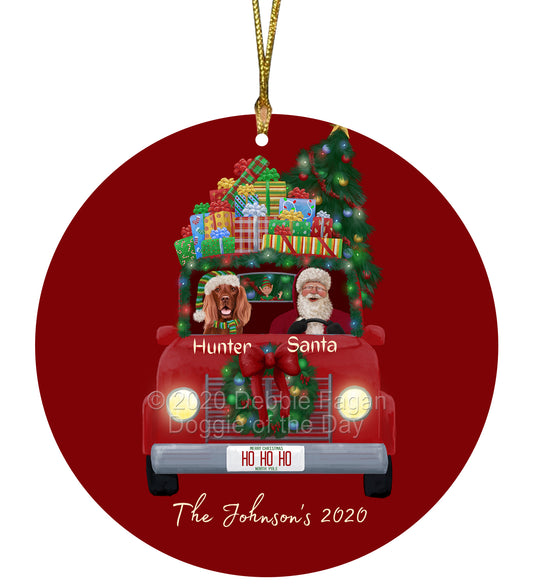Personalized Red truck Santa with Irish Red Setter Dog Ceramic Round Flat Christmas Tree Ornament RFPOR48048