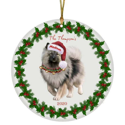 Personalized Holly Berry Trimming Keeshond Dog Ceramic Round Flat Christmas Tree Ornament RFPOR48298