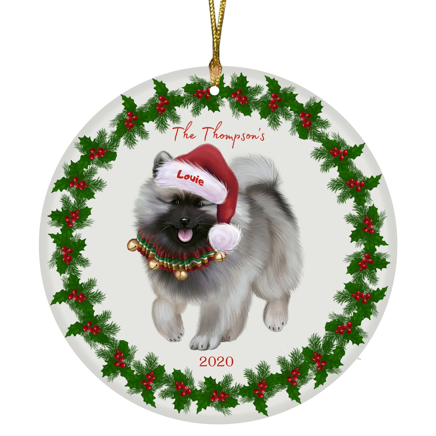 Personalized Holly Berry Trimming Keeshond Dog Ceramic Round Flat Christmas Tree Ornament RFPOR48299