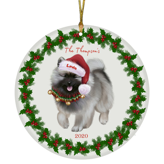 Personalized Holly Berry Trimming Keeshond Dog Ceramic Round Flat Christmas Tree Ornament RFPOR48299