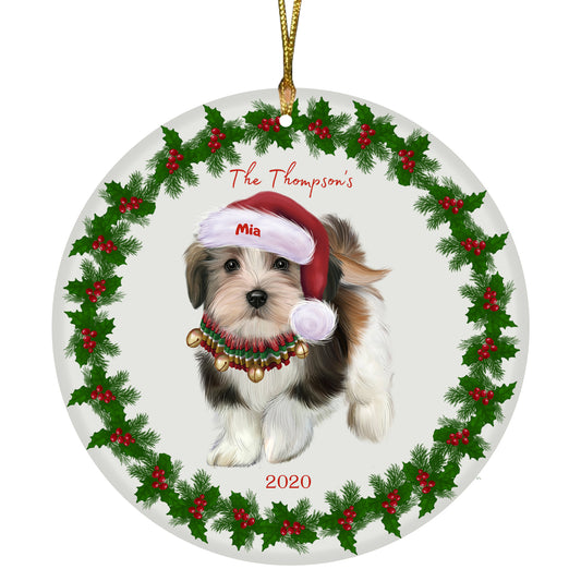Personalized Holly Berry Trimming Lhasa Apso Dog Ceramic Round Flat Christmas Tree Ornament RFPOR48306