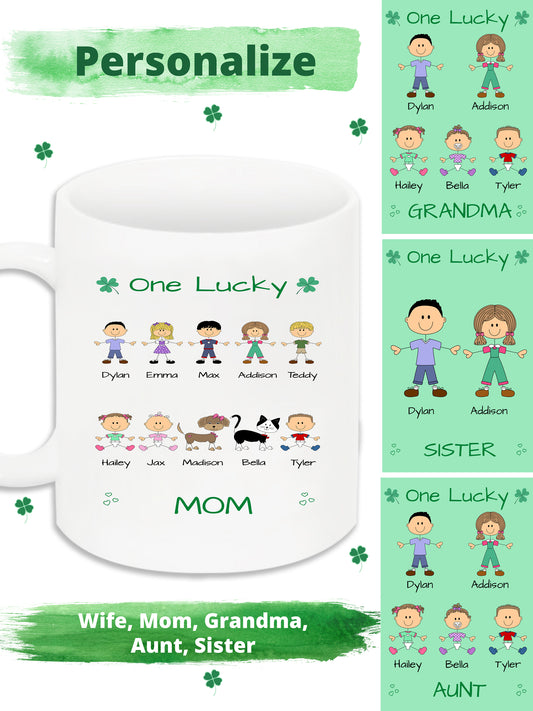 Personalized One Lucky Dog Cat Pets Grandma, Aunt, Mom, Wife or Sister 11 OZ Coffee Mug