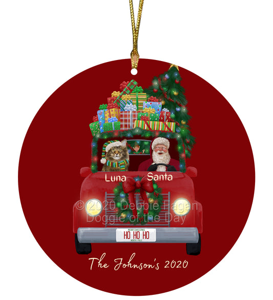 Personalized Red truck Santa with Maine Coon Cat Ceramic Round Flat Christmas Tree Ornament RFPOR48053