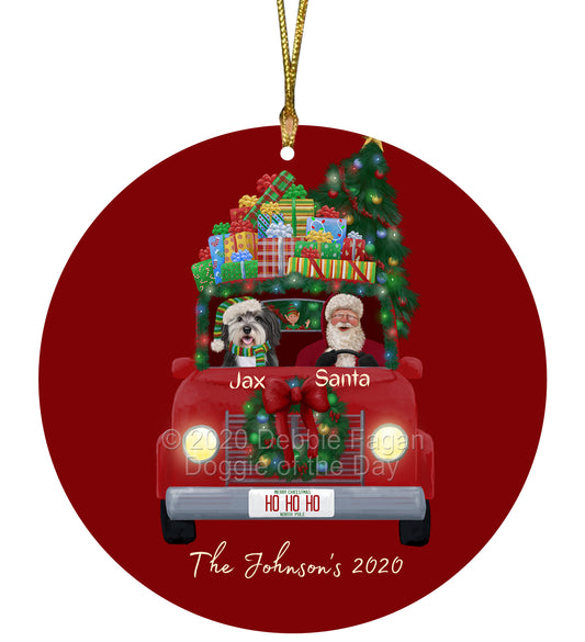 Personalized Red truck Santa with Malti Tzu Dog Ceramic Round Flat Christmas Tree Ornament RFPOR48054