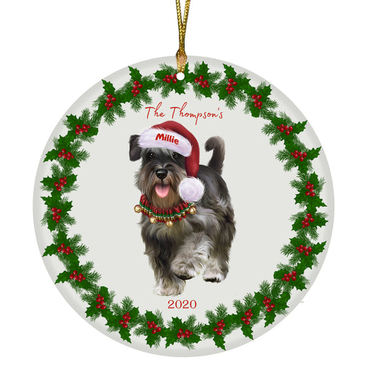 Personalized Holly Berry Trimming Schnauzer Dog Ceramic Round Flat Christmas Tree Ornament RFPOR48308