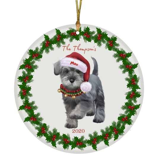 Personalized Holly Berry Trimming Schnauzer Dog Ceramic Round Flat Christmas Tree Ornament RFPOR48309