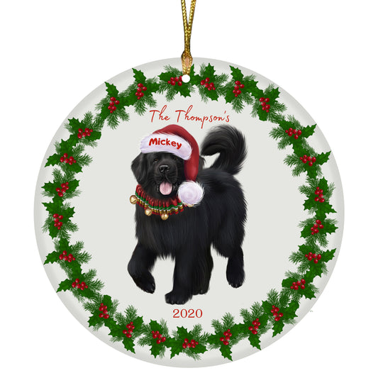 Personalized Holly Berry Trimming Newfoundland Dog Ceramic Round Flat Christmas Tree Ornament RFPOR48311