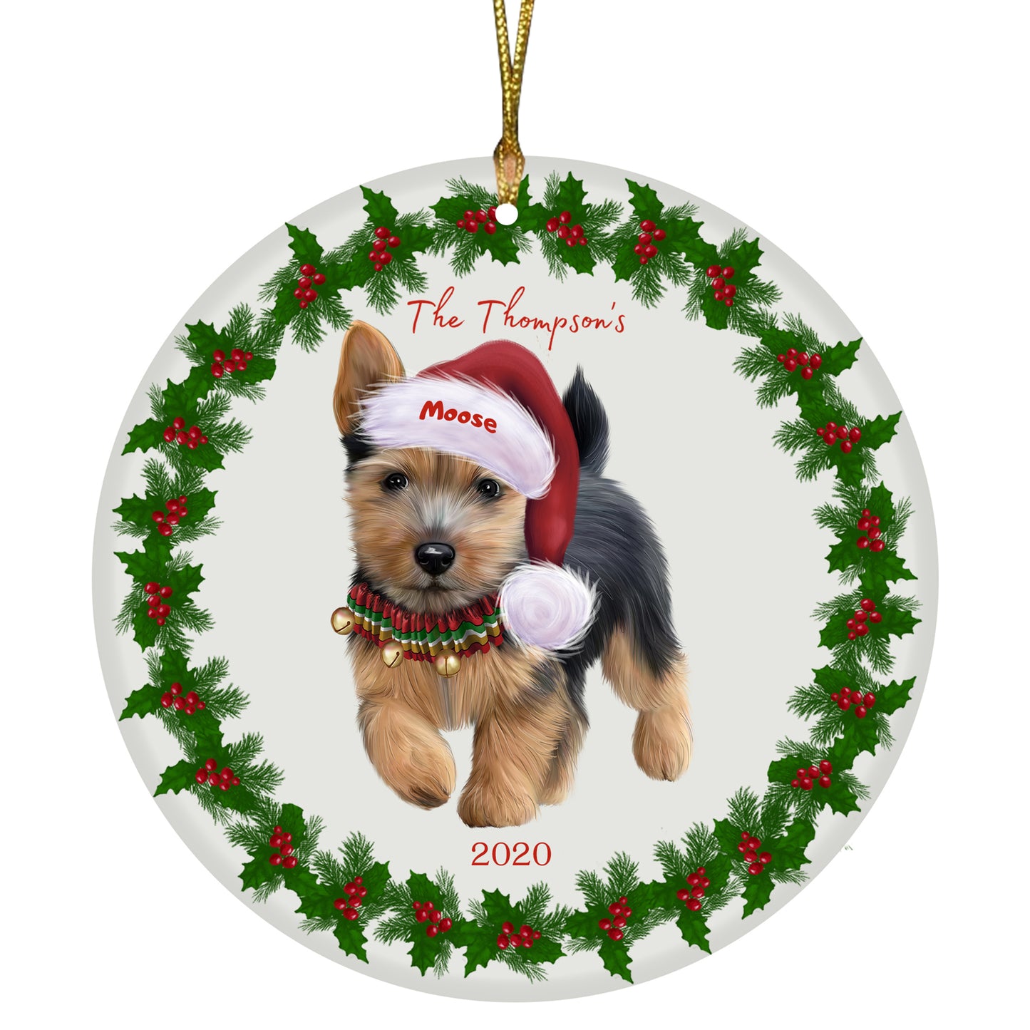 Personalized Holly Berry Trimming Norwich Terrier Dog Ceramic Round Flat Christmas Tree Ornament RFPOR48315