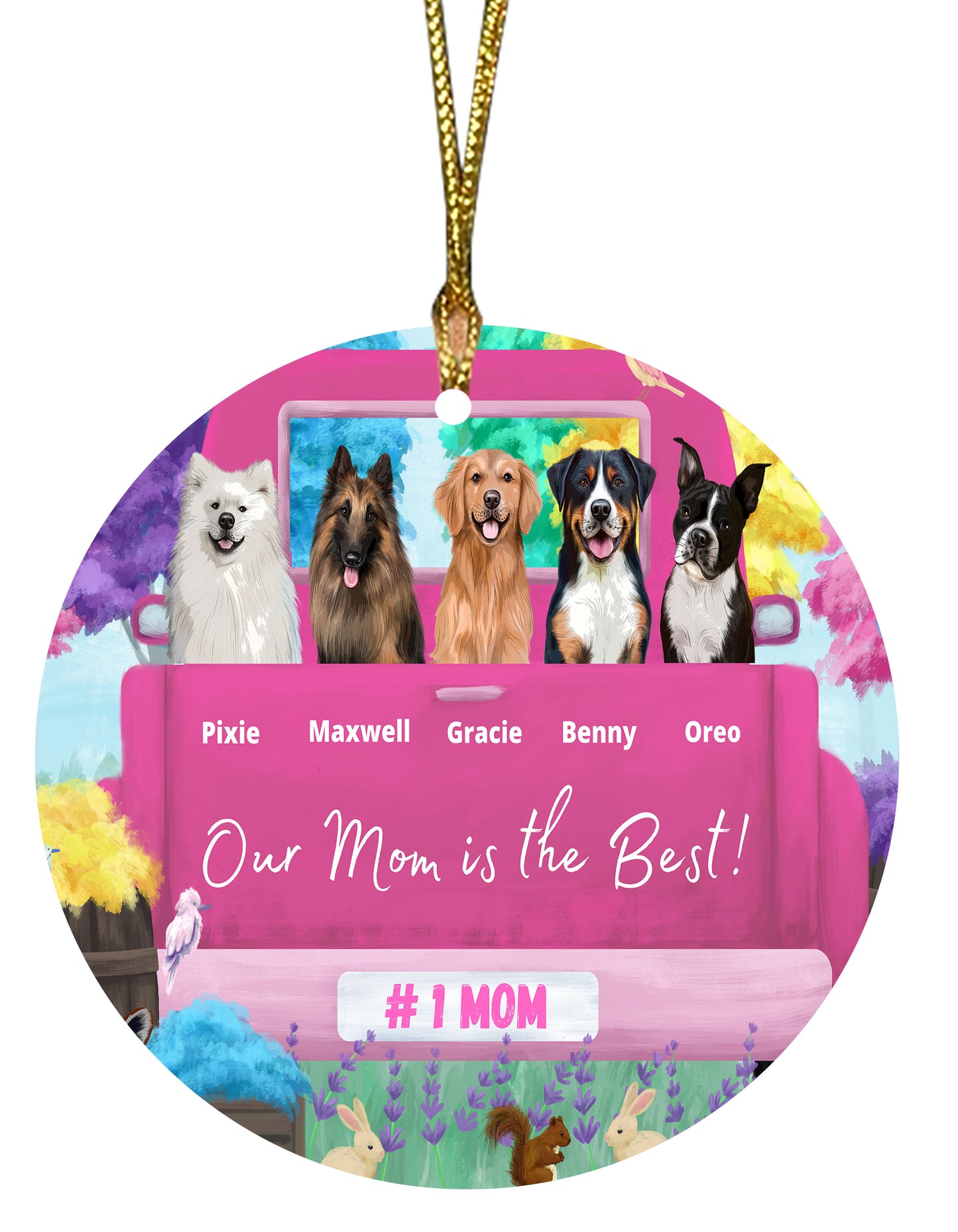 Personalized Our Mom is the Best Pink Truck Dog Cat Pets Round Flat Christmas Tree Ornament 1-5 Pets
