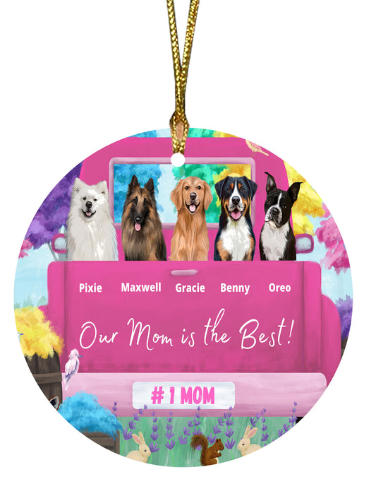 Personalized Our Mom is the Best Pink Truck Dog Cat Pets Round Flat Christmas Tree Ornament 1-5 Pets