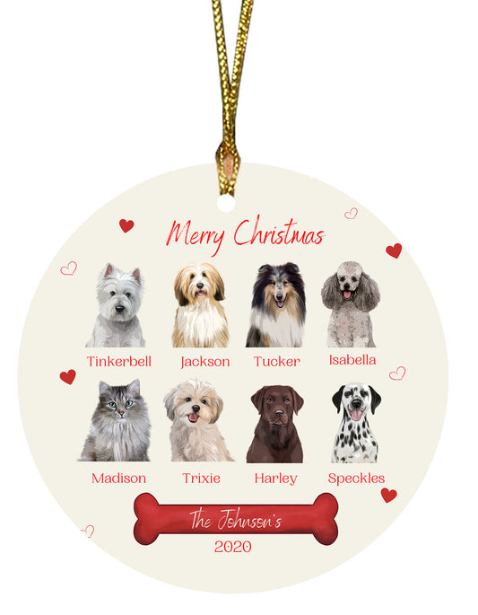 Personalized Merry Christmas Dog Cat Pets Round Flat Christmas Tree Ornament 1-8 Pets
