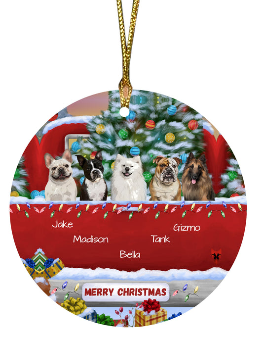 Personalized Merry Christmas Red Truck 1 Dog Cat Pets Round Flat Christmas Tree Ornament 1-5 Pets