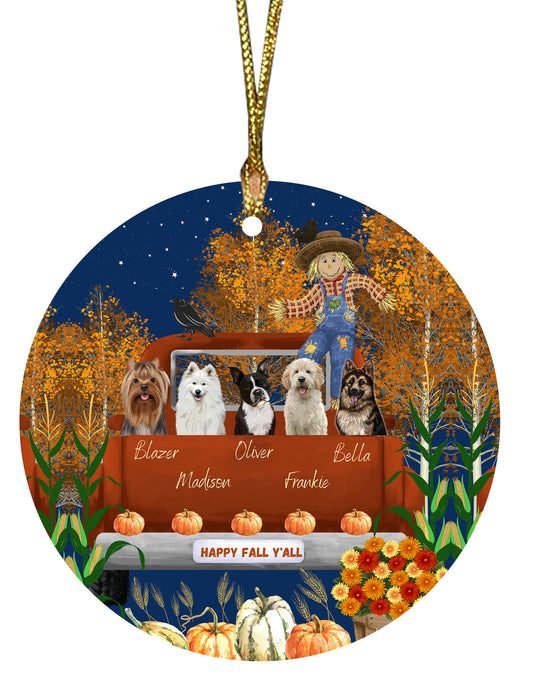Personalized Happy Fall Y'all Dog Cat Pets Round Flat Christmas Tree Ornament 1-5 Pets