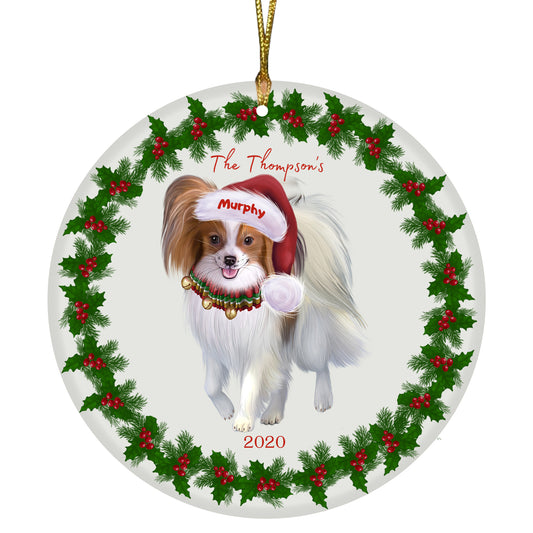 Personalized Holly Berry Trimming Papillion Dog Ceramic Round Flat Christmas Tree Ornament RFPOR48317