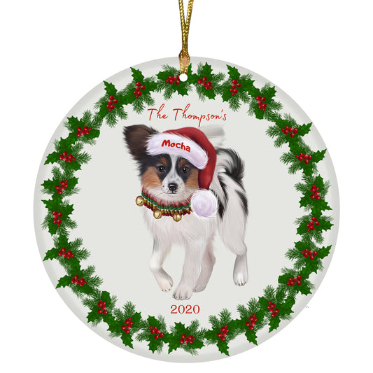Personalized Holly Berry Trimming Papillion Dog Ceramic Round Flat Christmas Tree Ornament RFPOR48318