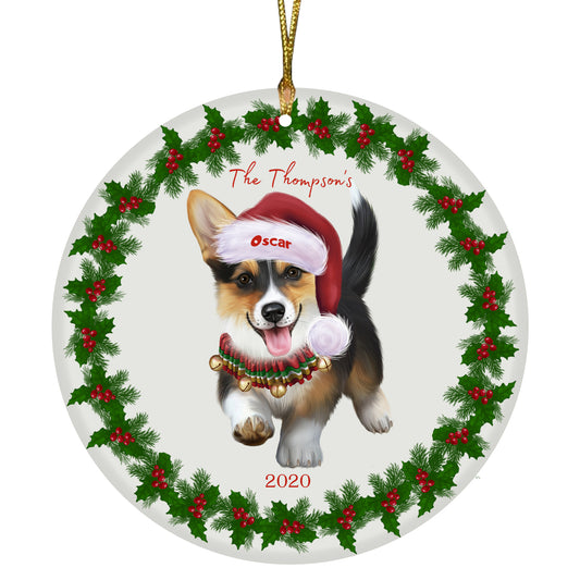 Personalized Holly Berry Trimming Pembroke Welsh Corgi Dog Ceramic Round Flat Christmas Tree Ornament RFPOR48324