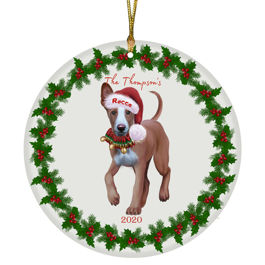 Personalized Holly Berry Trimming Pharaoh Hound Dog Ceramic Round Flat Christmas Tree Ornament RFPOR48325