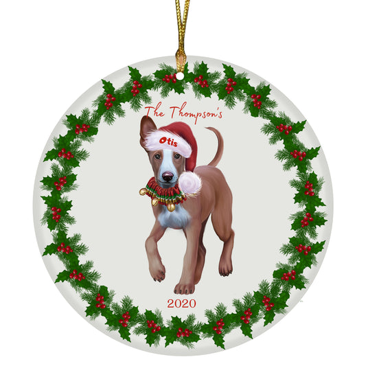 Personalized Holly Berry Trimming Pharaoh Hound Dog Ceramic Round Flat Christmas Tree Ornament RFPOR48326
