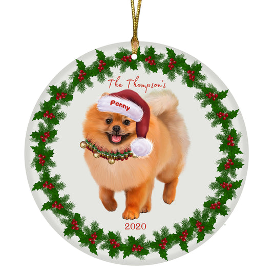 Personalized Holly Berry Trimming Pomeranian Dog Ceramic Round Flat Christmas Tree Ornament RFPOR48331