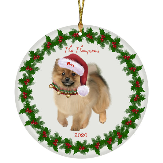 Personalized Holly Berry Trimming Pomeranian Dog Ceramic Round Flat Christmas Tree Ornament RFPOR48332