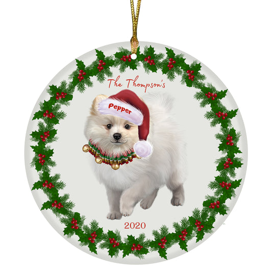 Personalized Holly Berry Trimming Pomeranian Dog Ceramic Round Flat Christmas Tree Ornament RFPOR48333