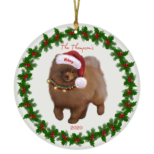 Personalized Holly Berry Trimming Pomeranian Dog Ceramic Round Flat Christmas Tree Ornament RFPOR48334